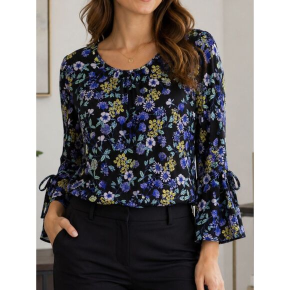 Liz Claiborne Tops - Liz Claiborne Floral Blouse Medium Black Blue Bell Sleeve Tie Career Top